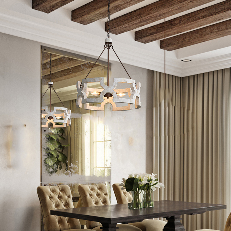 Angle view of the Rustic Elegance Wood LED Chandelier showcasing its rustic finish and design.