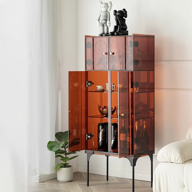 Nordic Elegance Glass Tall Bar Cabinet with printed door and open shelves