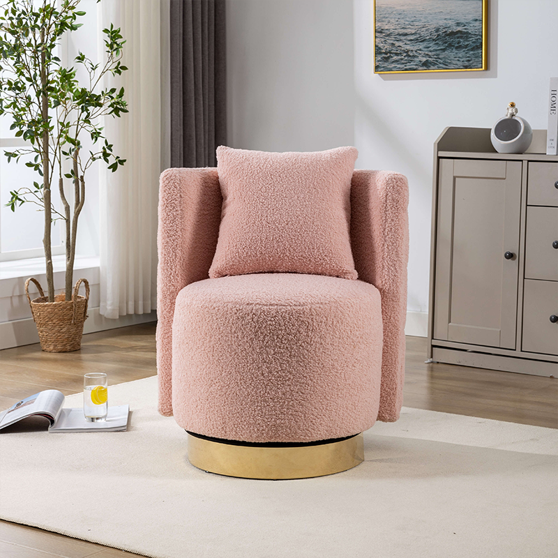 Side angle of the chic pink upholstered swivel stool with complimentary throw pillow.