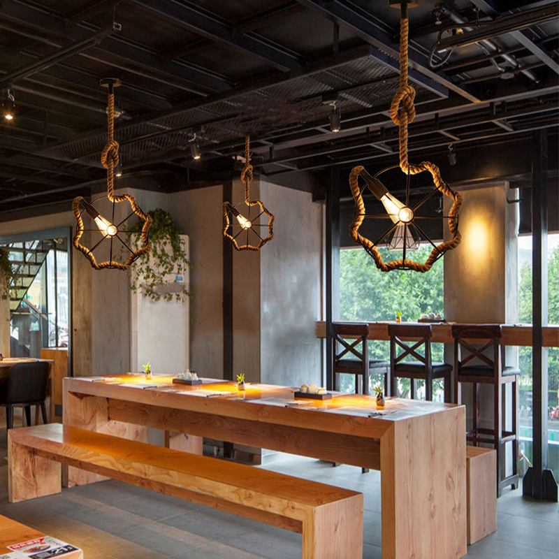 Close-up of the eco-friendly hemp rope industrial pendant light showcasing its unique design.
