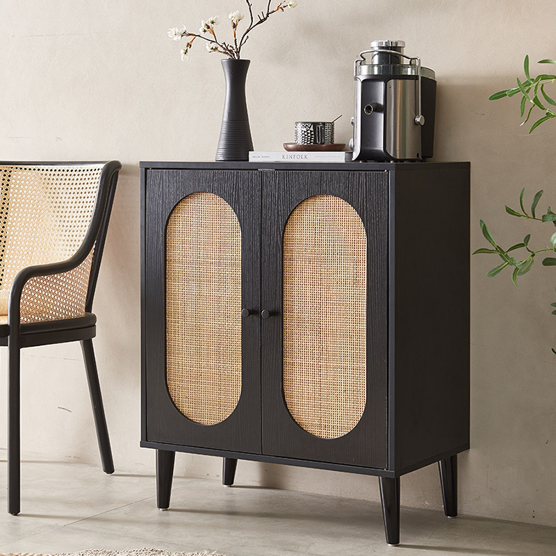 Front view of Katsura cabinet showing double rattan doors and Japanese minimalist detailing