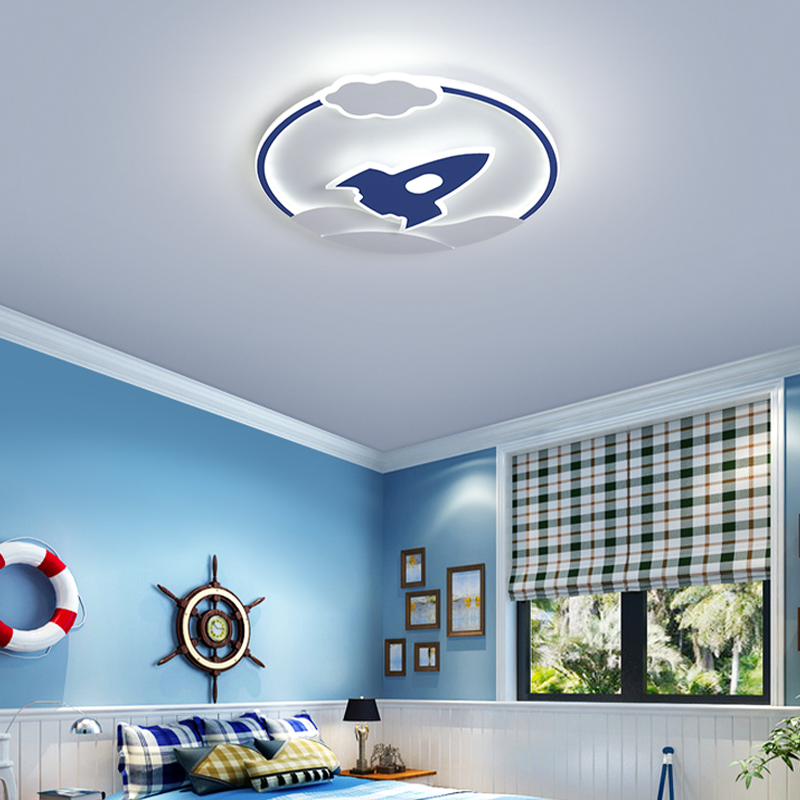 Creative blue flush mount light for kids, showcasing a rocket design from a side angle.