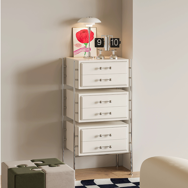 Sleek modern wood metal storage cabinet showcasing six drawers in a cozy bedroom setting.