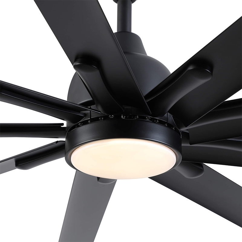 Close-up of the black ceiling fan showcasing its elegant design