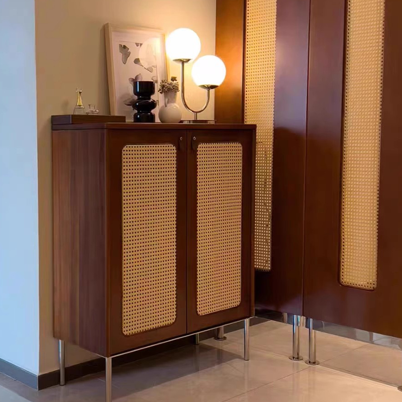 Front angle view of 5-tier shoe cabinet made of wood and rattan, perfect for modern homes.