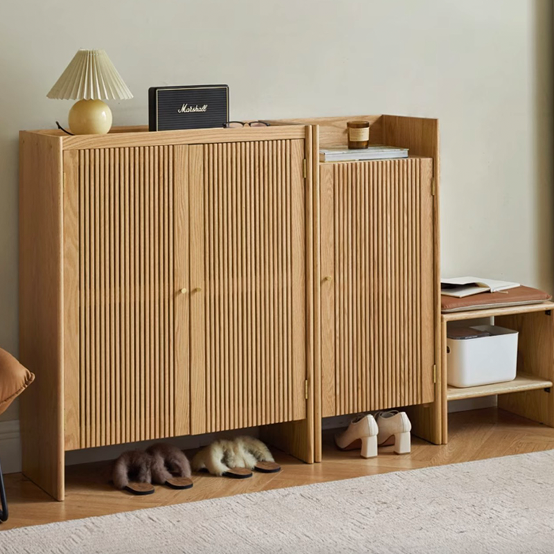 Front view of the adjustable wooden shoe storage cabinet, highlighting its sleek design and functionality.