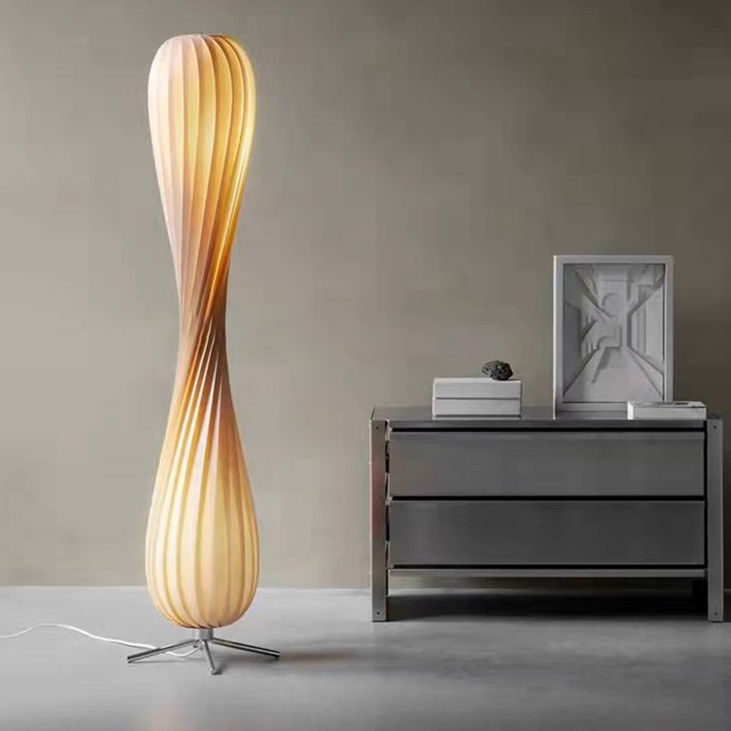 Close-up of the wooden frame and fabric shade of the LED floor lamp.
