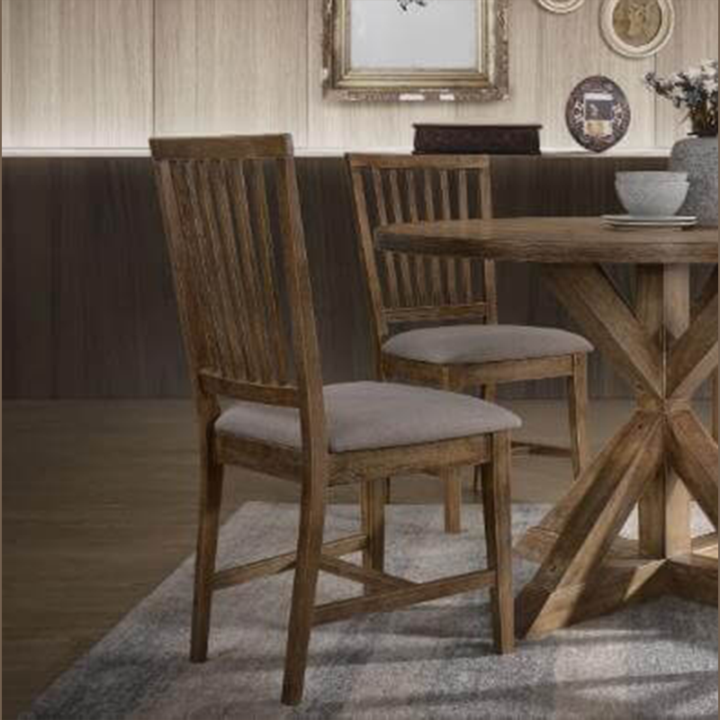 Elegant tan linen padded dining chair set from different angles showcasing the wooden ladder back and plush seat cushions.