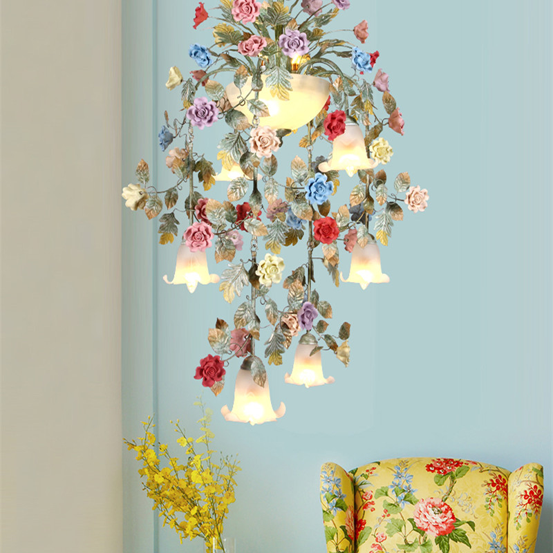 Floral chandelier from a side angle highlighting the intricate Murano art roses.