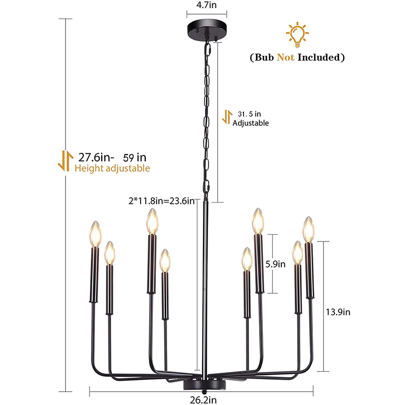 Angle view of the Rustic Elegance Brass Candle Pendant Light installed in a modern rustic living room.