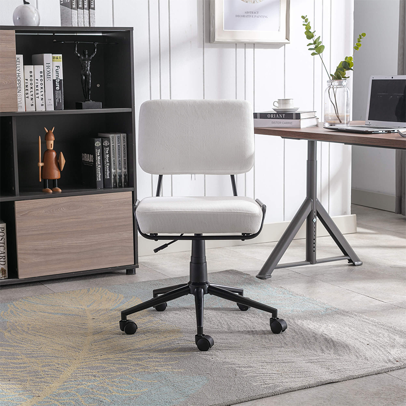 Side view of the white corduroy swivel rolling chair showcasing its elegant design.