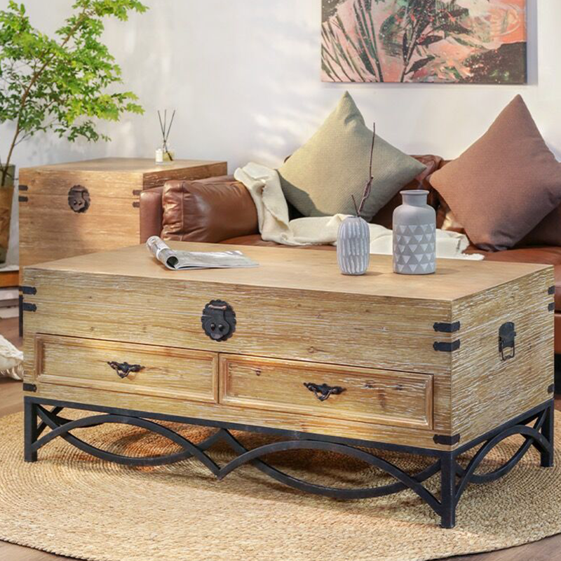 Front view of rustic solid wood cocktail table showcasing lift-top storage