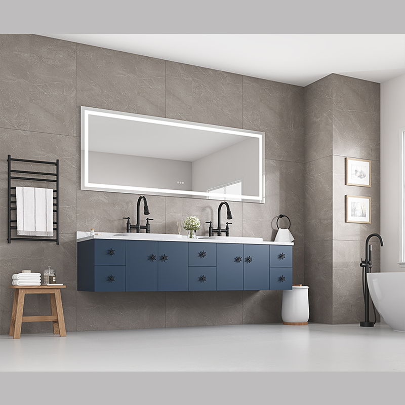 55-inch modern LED bathroom mirror with adjustable lights and defogger, displaying soft illumination in a contemporary bathroom setting.