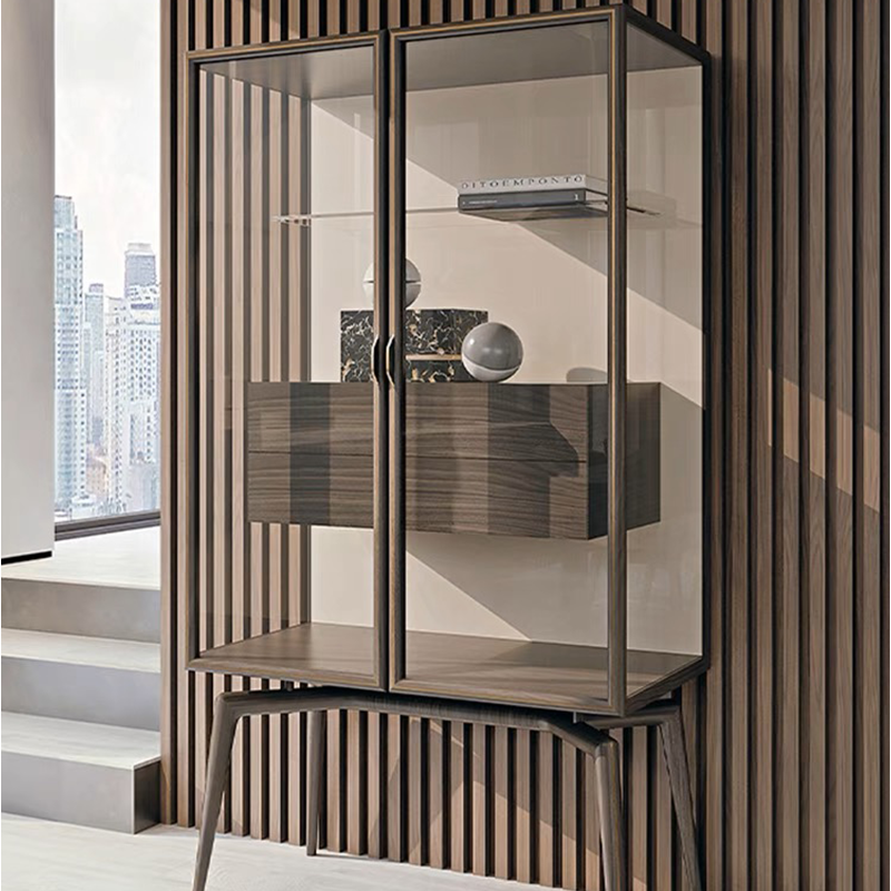 Front view of the elegant Italian glass wine cabinet showcasing its sleek design and glass sides.
