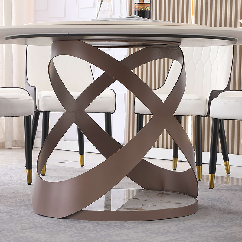 X-shaped carbon steel legs supporting the modern dining table.
