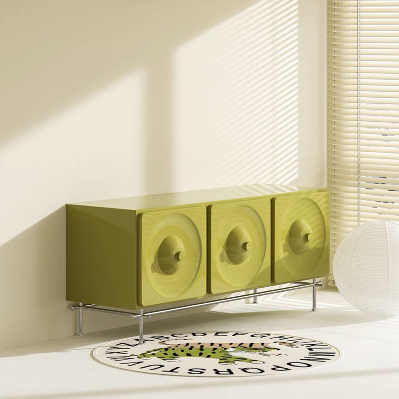 Front view of the elegant 3-drawer cabinet showcasing its stylish design and metal base.