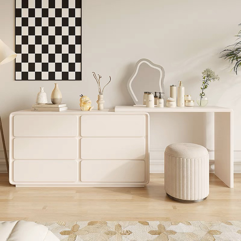 Elegant White Retractable Makeup Vanity Table Set showcasing its sleek design and mirror.