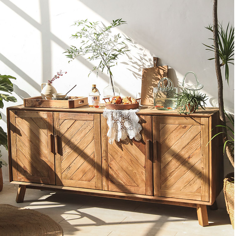 Front view of Rustic Elegance Pine Wood Sideboard Cabinet showcasing its double doors and natural wood finish.