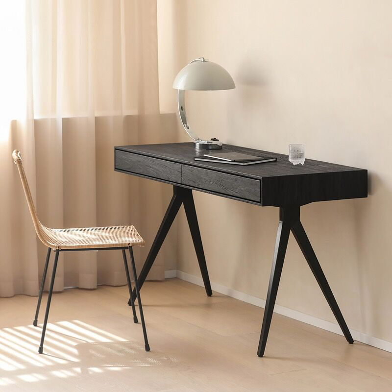 Front view of the modern minimalist teakwood two-drawer writing desk showcasing its sleek design.