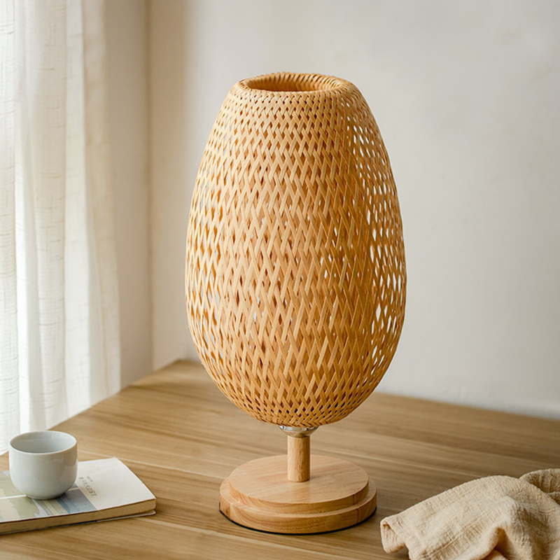 Close-up of the bamboo lampshade highlighting the intricate craftsmanship.