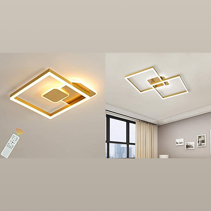 Square LED flush mount ceiling light with brushed finish and remote control for customizable lighting.