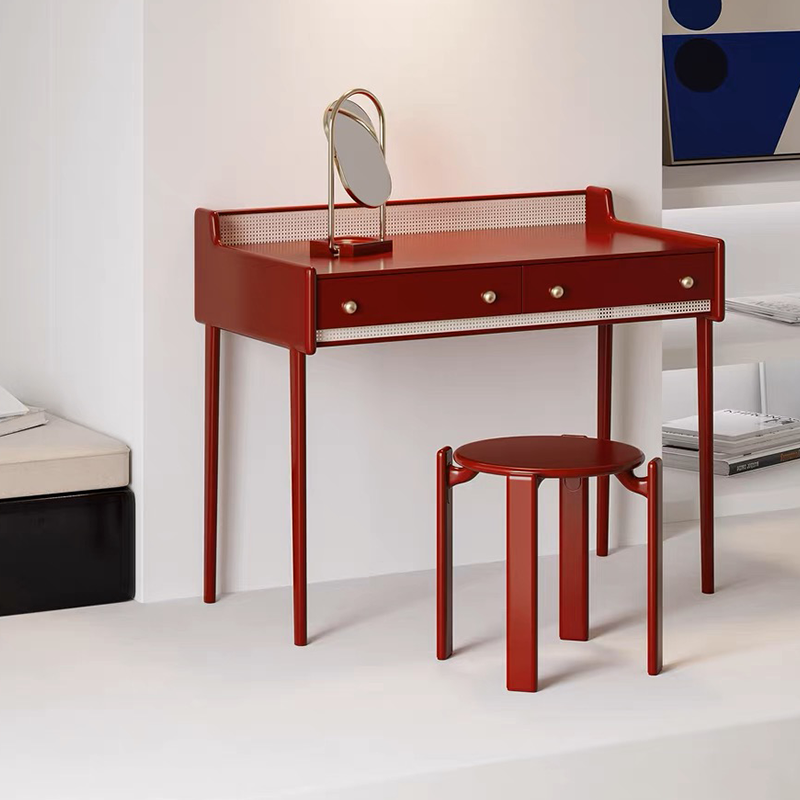 Elegant Rattan Solid Wood Makeup Vanity Set showcasing its sleek design and drawer functionality.