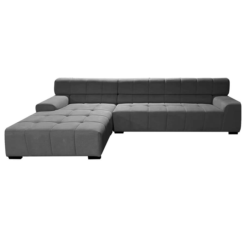 Chic dark grey fabric sectional sofa in a modern living room setting, showcasing its spacious design and soft cushions.