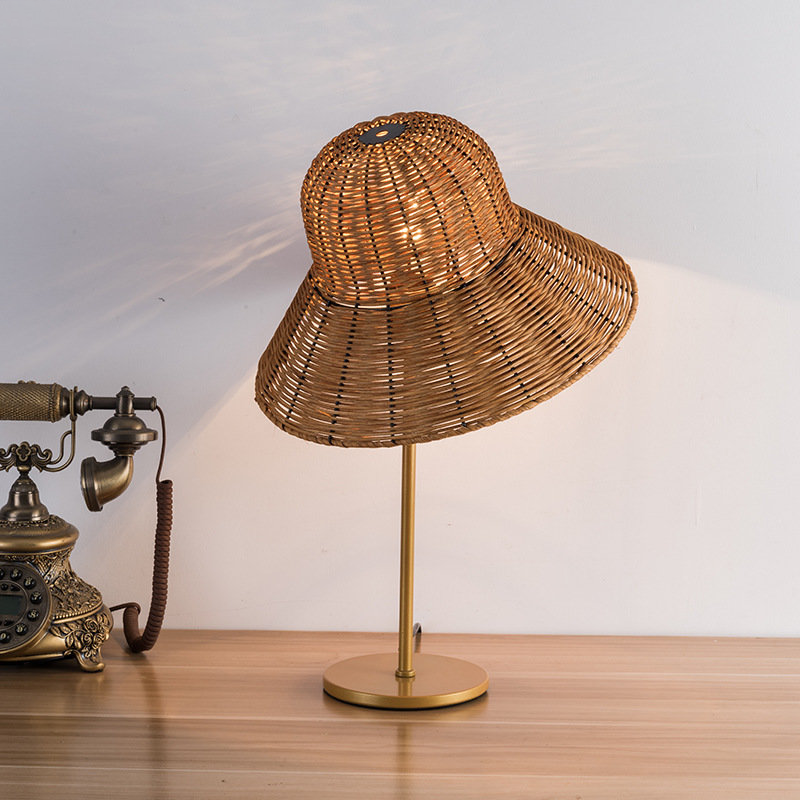 Close-up of the handwoven rattan lamp showcasing intricate weaving patterns.