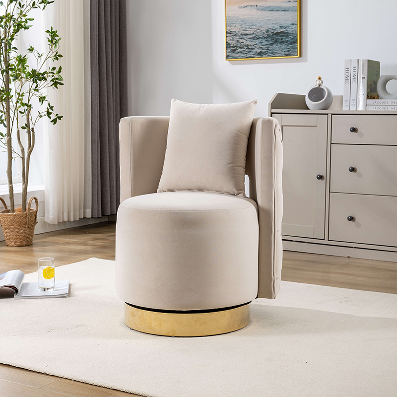 Close-up of the tufted back design on the swivel accent chair.
