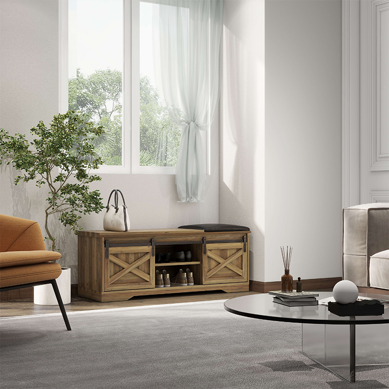 Light brown shoe bench for entryway with sliding doors and comfortable seating