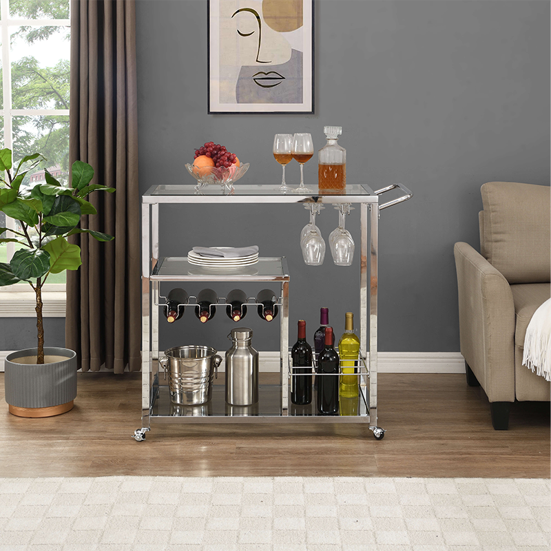 Sleek silver tempered glass bar cart showcasing wine rack and stemware holders from the side.