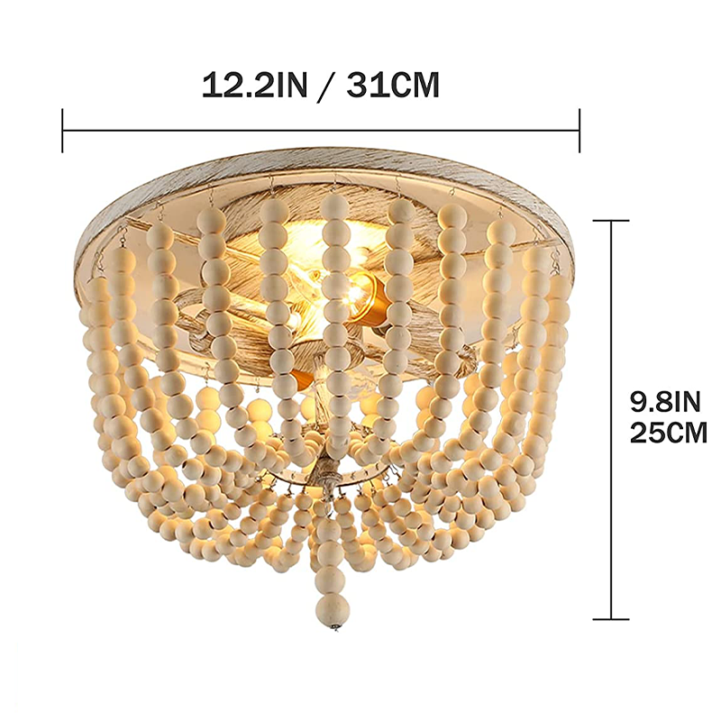Installation of the wood beaded chandelier in a modern kitchen.