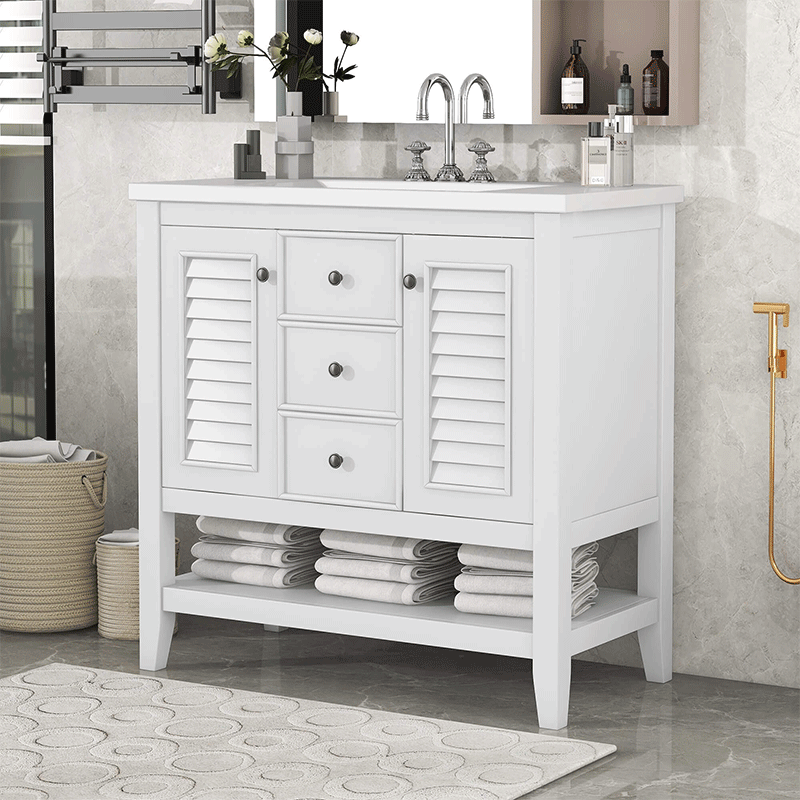 Elegant 36-inch white vanity cabinet showcasing its sleek design and storage features.