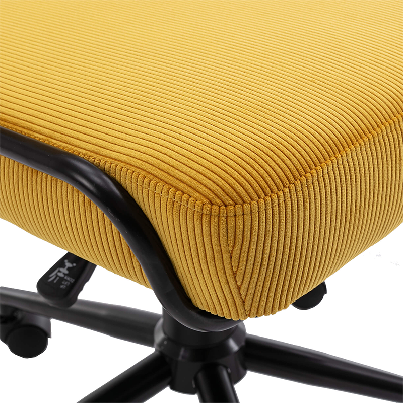Side view of the adjustable height yellow swivel chair highlighting its 360-degree rotation and sturdy metal frame.