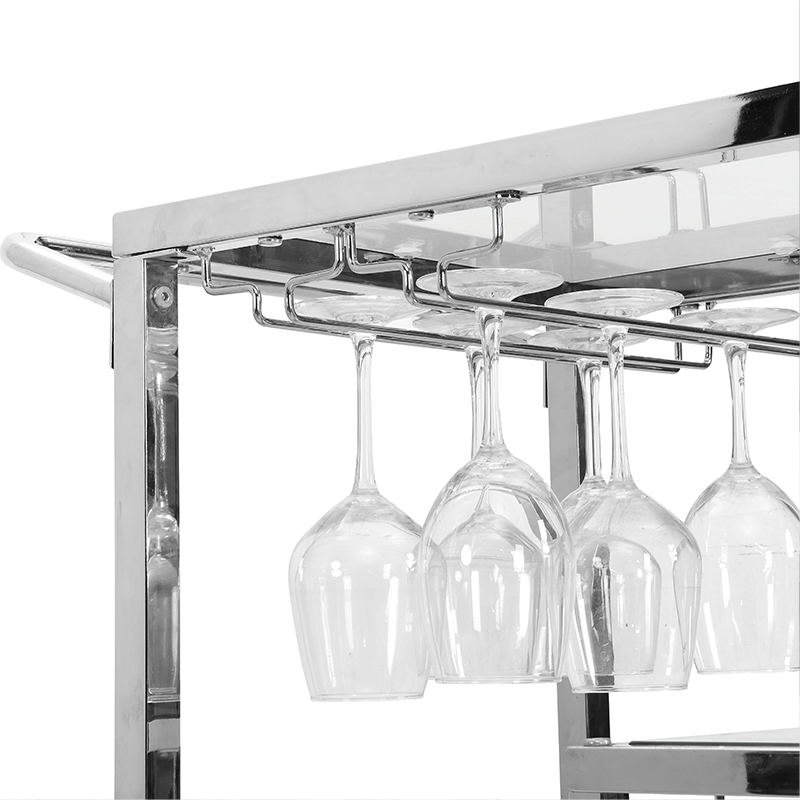 Sleek Silver Tempered Glass Bar Cart with Wine Rack - Image 9