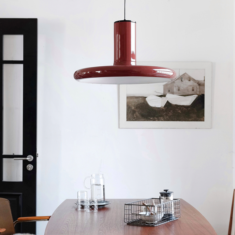 Retro Red UFO Pendant Light showcasing its wide shade in a cozy dining area.