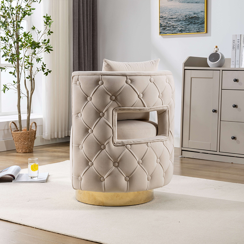 Elegant beige swivel barrel chair in a cozy living room setting.