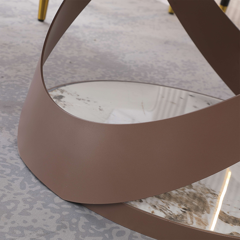 X-shaped carbon steel legs supporting the modern dining table.