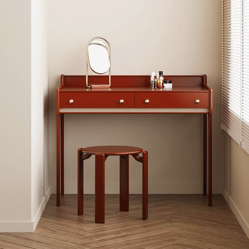 Elegant Rattan Solid Wood Makeup Vanity Set showcasing its sleek design and drawer functionality.