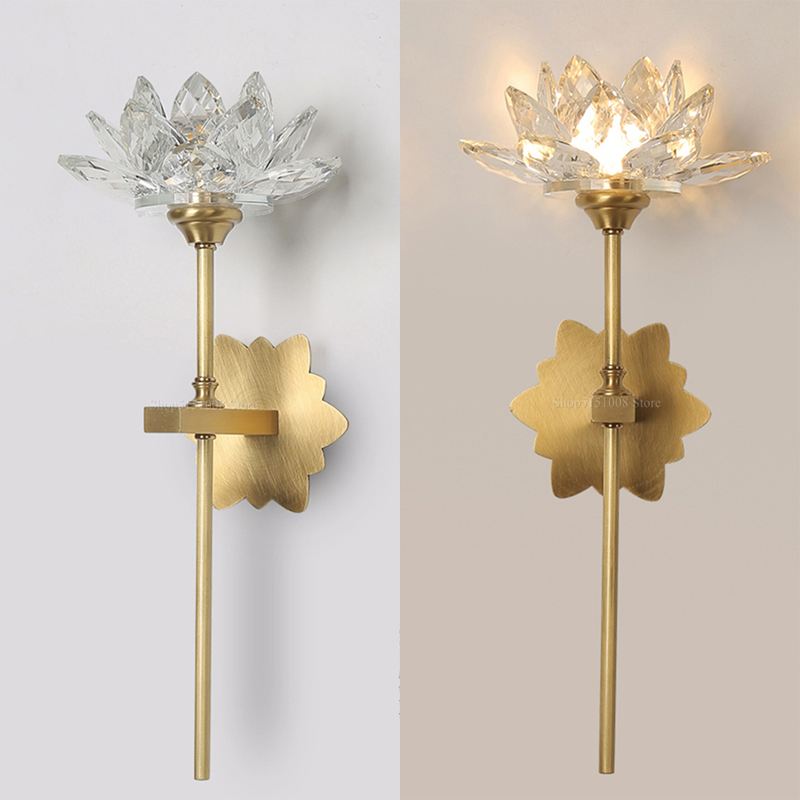 Elegant Lotus Crystal Wall Lamp mounted in a cozy living room, providing warm LED lighting.