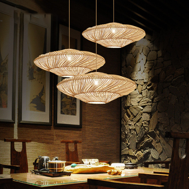 Elegant Chinese rattan pendant light showcasing its intricate weaving detail from a side angle.