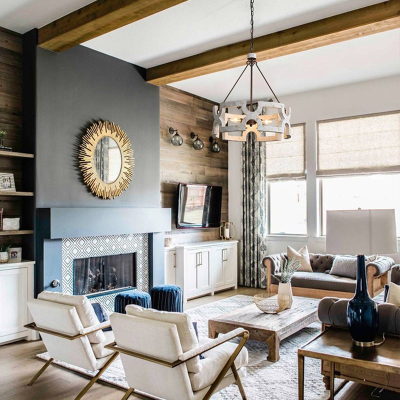 Angle view of the Rustic Elegance Wood LED Chandelier showcasing its rustic finish and design.