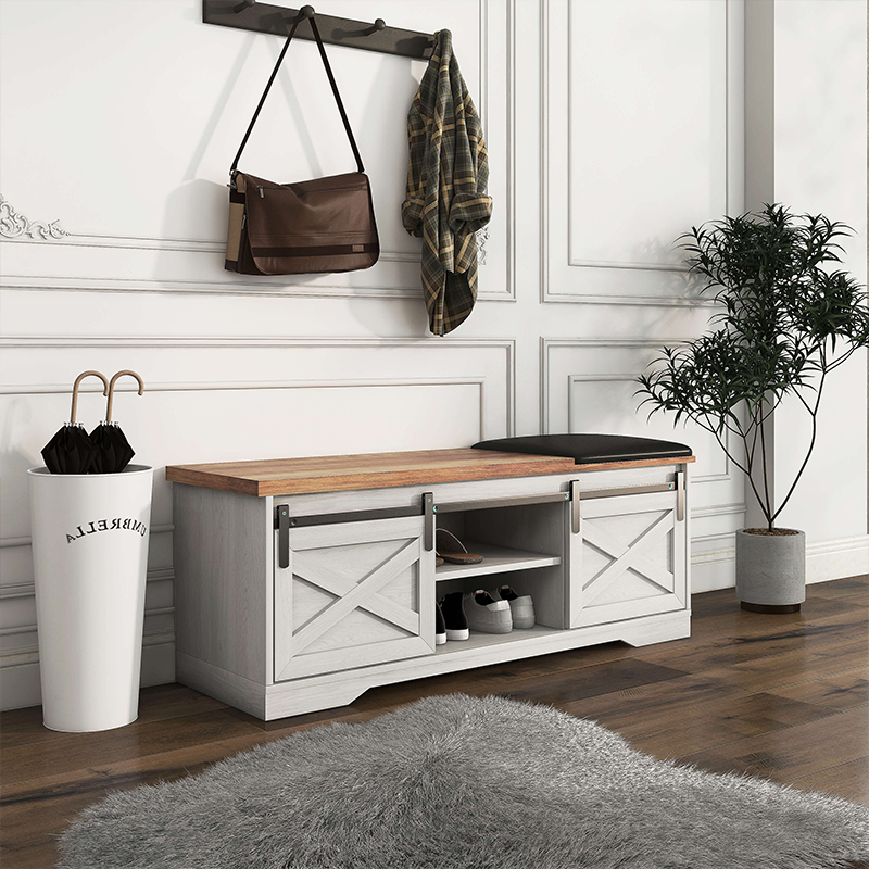 Rustic modern entryway shoe bench featuring sliding barn door for easy access
