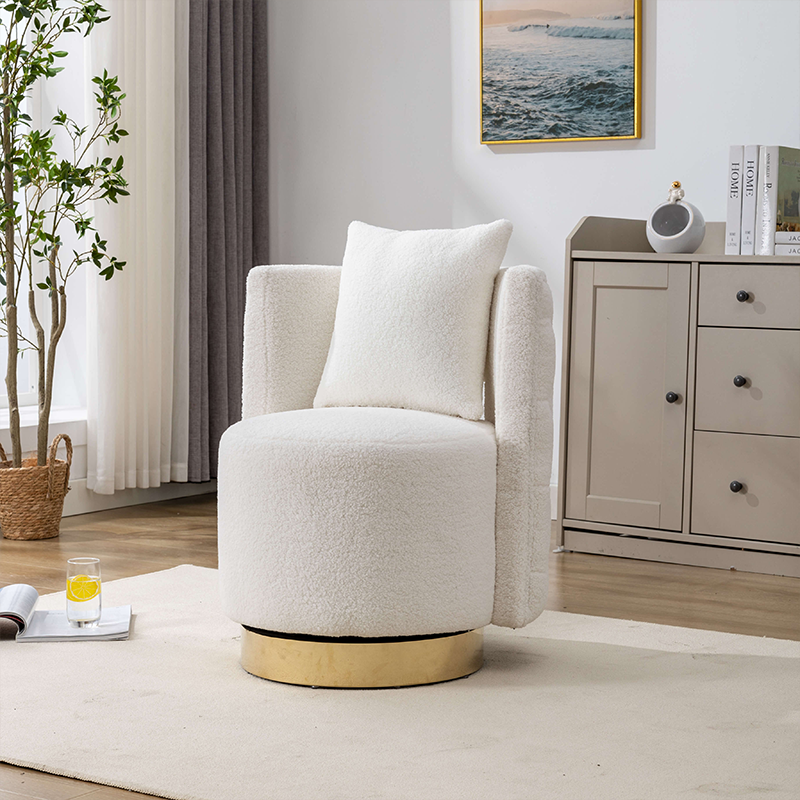 Cozy living room featuring a luxury cream accent chair with gold legs.