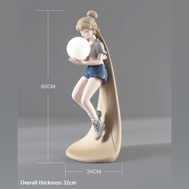 Trendy long-haired girl sculpture floor lamp in a cozy living room setting, showcasing its warm glow.