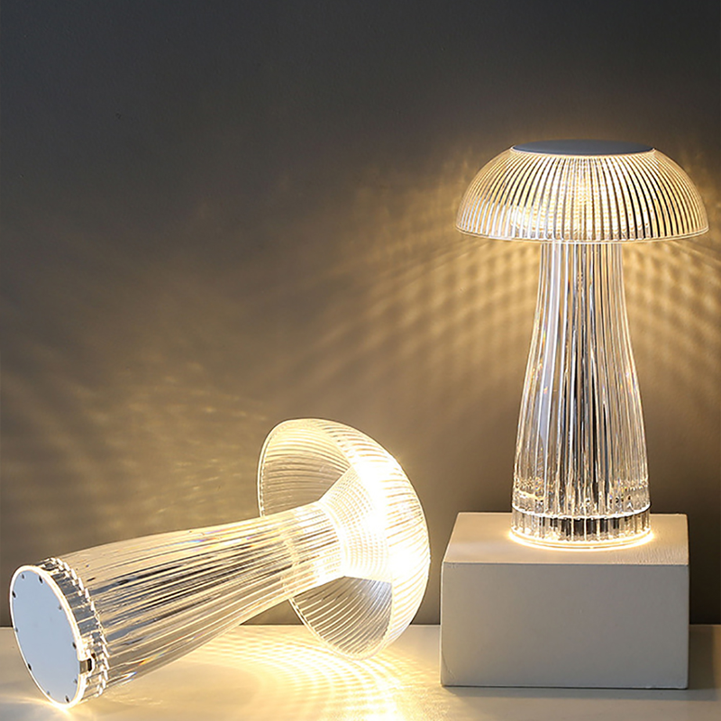 Luminous Mushroom Crystal LED Table Lamp showcasing soft ambient light in a dining setting.