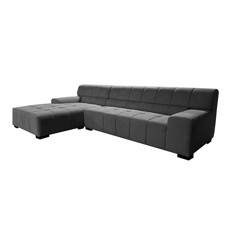 Dark grey modern fabric sectional sofa featuring plush foam cushioning and a contemporary style, perfect for lounging.