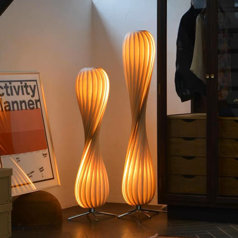 Elegant fabric LED floor lamp showcasing soft light in a modern living room.