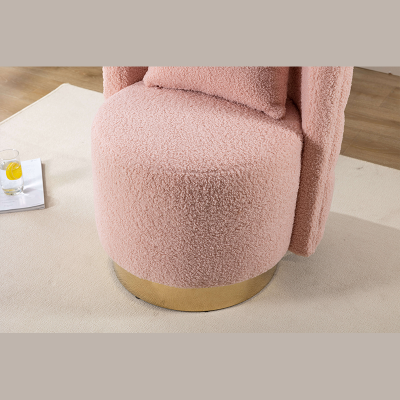 Side angle of the chic pink upholstered swivel stool with complimentary throw pillow.