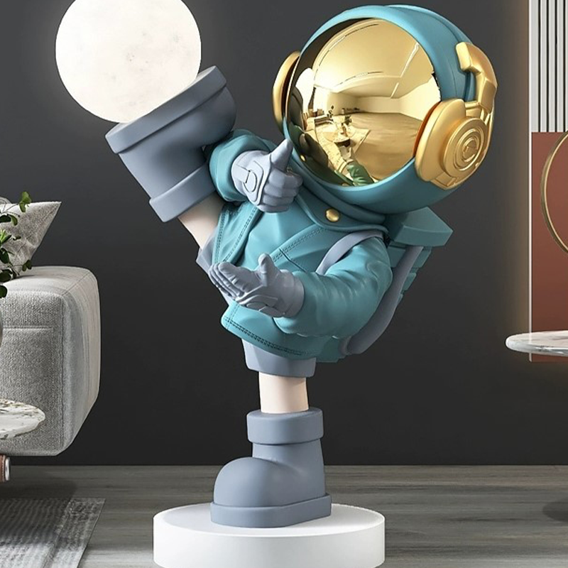 Close-up view of the Cosmic Kung Fu Astronaut floor lamp highlighting its intricate details and vibrant colors.